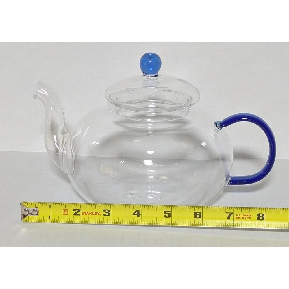 Teavana Handblown Glass Teapot Cobalt Blue Accents Applied Handle Heat Resistant